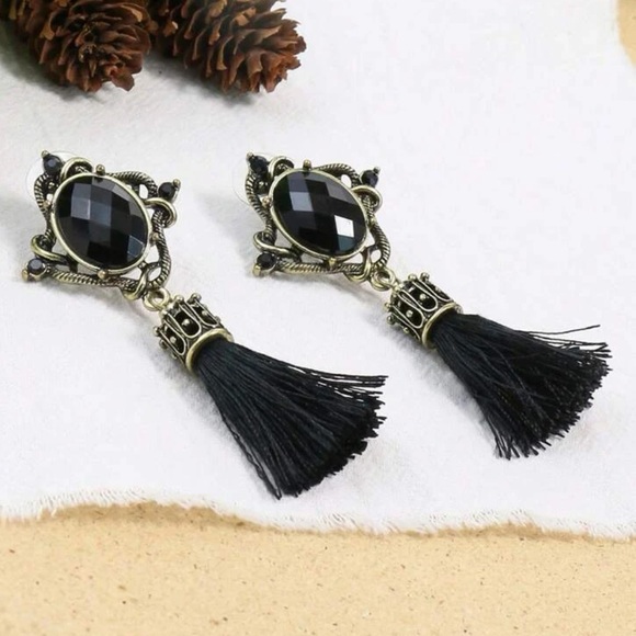 Tassel Long Fringe Drop, Black, Antique Gold Bohemian, Victorian Earrings - Picture 4 of 10